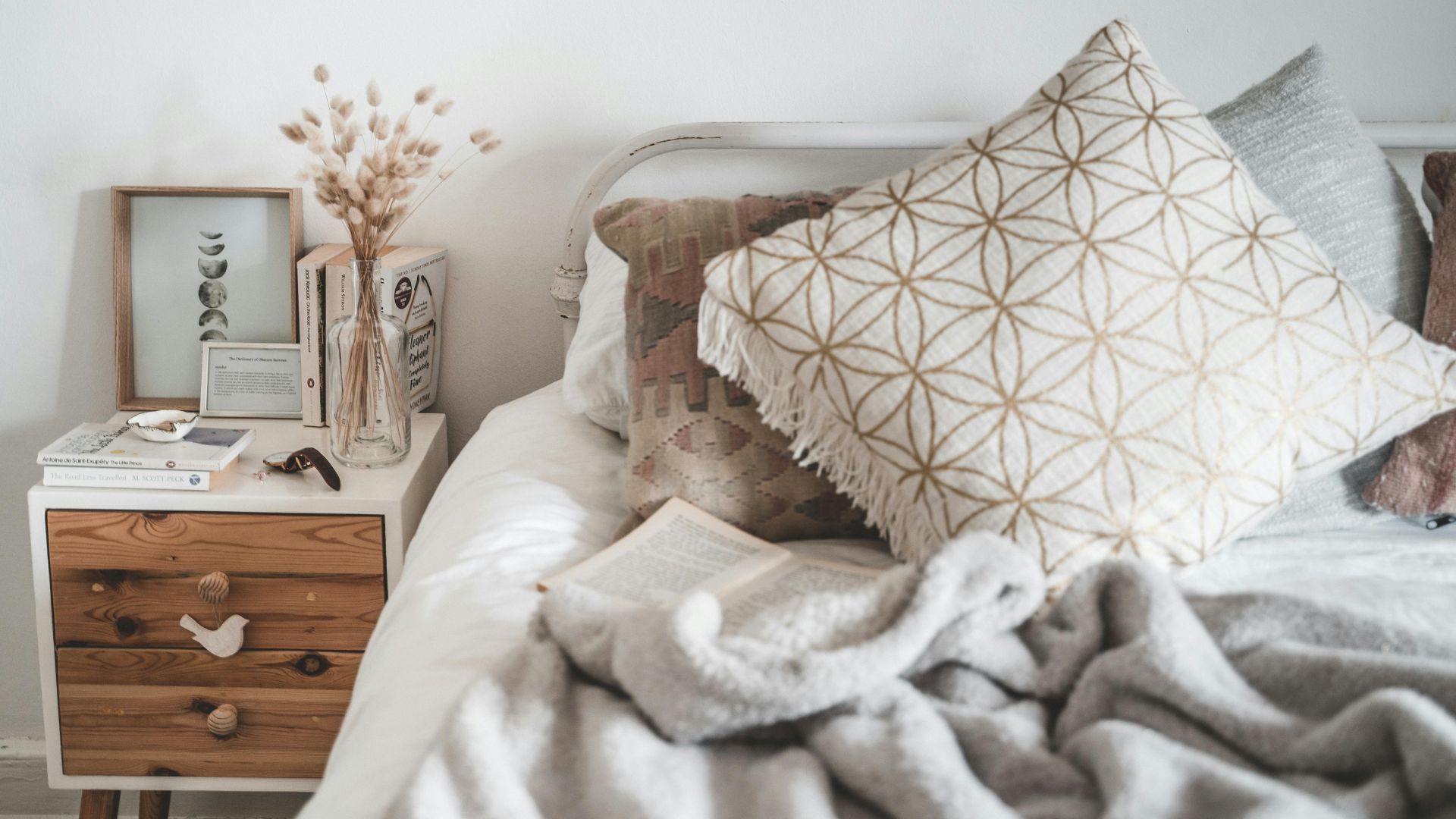 A beautiful bed and bedside table